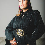 164 Camicia vintage  maschile nera RALPH LAUREN  in cotone pesante con CIRCA 700 strass argento Tg M - vestibilità over