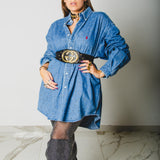 166 Camicia vintage maschile di jeans RALPH LAUREN  in cotone pesante con CIRCA 1000 strass oro Tg XL