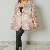 FUCHSIA JACQUARD BOMBER STYLE JACKET - REVERSIBLE IN BLACK VELVET FABRIC - CONTRASTING POCKETS
