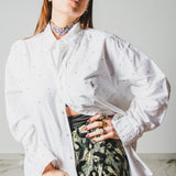 173 Camicia Vintage maschile bianca Tg oversize con circa 500 strass argento