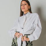 173 Camicia Vintage maschile bianca Tg oversize con circa 500 strass argento