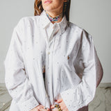 173 Camicia Vintage maschile bianca Tg oversize con circa 500 strass argento