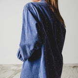 176 Camicia Vintage maschile blu RL Tg L oversize con strass 800 cangianti rosa/verde