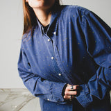 176 Camicia Vintage maschile blu RL Tg L oversize con strass 800 cangianti rosa/verde