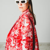17 - NORA - Giacca Oversize Donna tessuto broccato a fiori rossi