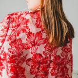 17 - NORA - Giacca Oversize Donna tessuto broccato a fiori rossi