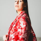 17 - NORA - Giacca Oversize Donna tessuto broccato a fiori rossi