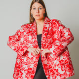 17 - NORA - Giacca Oversize Donna tessuto broccato a fiori rossi