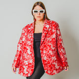 17 - NORA - Giacca Oversize Donna tessuto broccato a fiori rossi