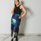17 - ALMA Skirt – Gonna couture sartoriale in jaquard blu a fiori verdi TG 2 40/42