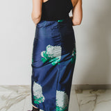 17 - ALMA Skirt – Gonna couture sartoriale in jaquard blu a fiori verdi TG 2 40/42