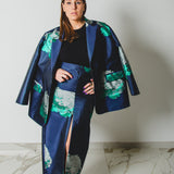 17 - ALMA Skirt – Gonna couture sartoriale in jaquard blu a fiori verdi TG 2 40/42