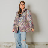 FUCHSIA JACQUARD BOMBER STYLE JACKET - REVERSIBLE IN BLACK VELVET FABRIC - CONTRASTING POCKETS
