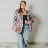 FUCHSIA JACQUARD BOMBER STYLE JACKET - REVERSIBLE IN BLACK VELVET FABRIC - CONTRASTING POCKETS