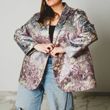 FUCHSIA JACQUARD BOMBER STYLE JACKET - REVERSIBLE IN BLACK VELVET FABRIC - CONTRASTING POCKETS