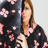 Kimono GUSTAVO sartoriale lungo in organza di seta , nero e rosa