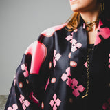 Kimono GUSTAVO sartoriale lungo in organza di seta , nero e rosa