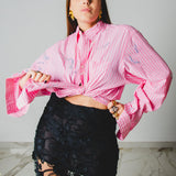 192 Camicia RL rosa a righe in cotone  leggero con macchie di strass argento TG XL