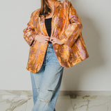 FUCHSIA JACQUARD BOMBER STYLE JACKET - REVERSIBLE IN BLACK VELVET FABRIC - CONTRASTING POCKETS