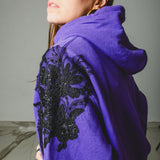 3 - Felpa Hoodie Vintage Upcycling Viola con Pizzo Nero e Strass – Pezzo Unico 2XL (Copia)