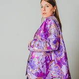 FUCHSIA JACQUARD BOMBER STYLE JACKET - REVERSIBLE IN BLACK VELVET FABRIC - CONTRASTING POCKETS