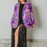 FUCHSIA JACQUARD BOMBER STYLE JACKET - REVERSIBLE IN BLACK VELVET FABRIC - CONTRASTING POCKETS