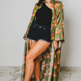 Kimono GUSTAVO sartoriale lungo in seta verde con fantasia di tigre e fiori