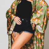 Kimono GUSTAVO sartoriale lungo in seta verde con fantasia di tigre e fiori