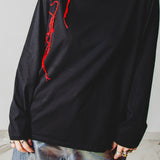 21 - Maglia oversize nera a maniche lunghe in cotone XXL ricamata a mano con cuori rossi