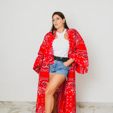 Kimono GUSTAVO sartoriale lungo in popeline di cotone rosso stampa paisley