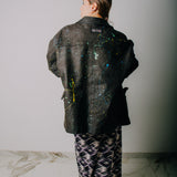 Leather jacket - biker style - vintage upcycling brown with splashes of blue, yellow and green