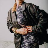 Leather jacket - biker style - vintage upcycling brown with splashes of blue, yellow and green