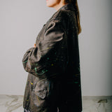Leather jacket - biker style - vintage upcycling brown with splashes of blue, yellow and green