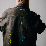 Leather jacket - biker style - vintage upcycling brown with splashes of blue, yellow and green
