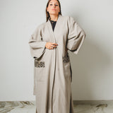 24 - KINTSUGI – Cappotto Kimono Sartoriale in Lana Vergine e Pelle color ghiaccio