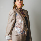 Light upcycling vintage men's jacket with hand-sewn flower embroidery