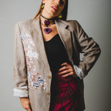 Light upcycling vintage men's jacket with hand-sewn flower embroidery