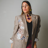 Light upcycling vintage men's jacket with hand-sewn flower embroidery