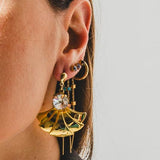 259 -Orecchini Vintage Pendenti Dorati a Ventaglio con Cristallo – Pezzo Unico