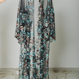 Long tailored kimono in black sequins with embroidered flowers