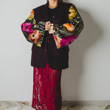 Brown upcycling vintage men's jacket with modified sleeves in floral furnishing fabric