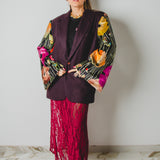 Brown upcycling vintage men's jacket with modified sleeves in floral furnishing fabric