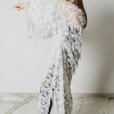 Long tailored kimono in black sequins with embroidered flowers