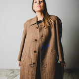 Vintage upcycling trench coat with raglan sleeves and cape with rhinestones and hand-painted illustration - size 50/52