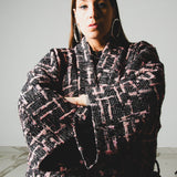 FUCHSIA JACQUARD BOMBER STYLE JACKET - REVERSIBLE IN BLACK VELVET FABRIC - CONTRASTING POCKETS
