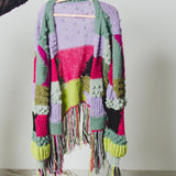 CARDIGAN PATCHWORK CON FRANGE MULTICOLORE VERDE/FUCSIA/LILLA - HANDMADE