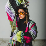 CARDIGAN PATCHWORK CON FRANGE MULTICOLORE VERDE/FUCSIA/LILLA - HANDMADE
