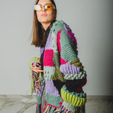 CARDIGAN PATCHWORK CON FRANGE MULTICOLORE VERDE/FUCSIA/LILLA - HANDMADE