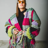 CARDIGAN PATCHWORK CON FRANGE MULTICOLORE VERDE/FUCSIA/LILLA - HANDMADE