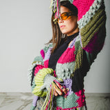 CARDIGAN PATCHWORK CON FRANGE MULTICOLORE VERDE/FUCSIA/LILLA - HANDMADE